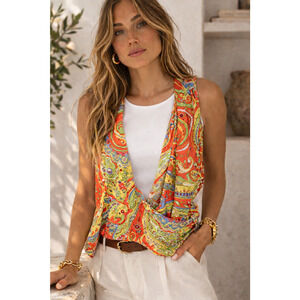 Lauren Ralph Lauren Womens Faux Wrap Top Size 16 Paisley Sleeveless Coastal Chic